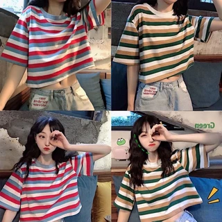 ✨Alva✨เสื้อยืดเอวลอย สไตล์เกาหลี ลายทาง สีรุ้ง เสื้อยืดแฟชั่น 🌈 #9335