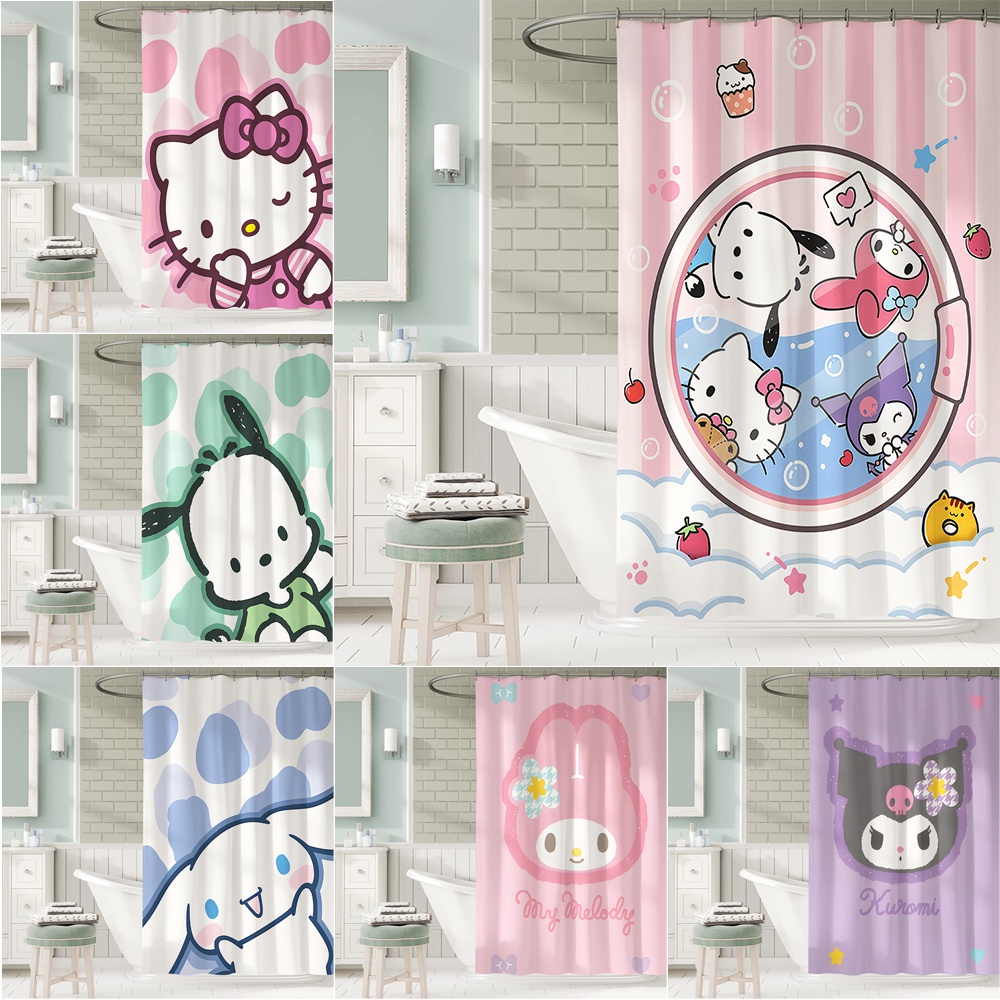 Sanrio ผ้าม่านอาบน้ํา ผ้าโพลีเอสเตอร์ กันน้ํา ลายการ์ตูนน่ารัก พร้อมตะขอ 12 ตะขอ สําหรับตกแต่งห้องน้ํา