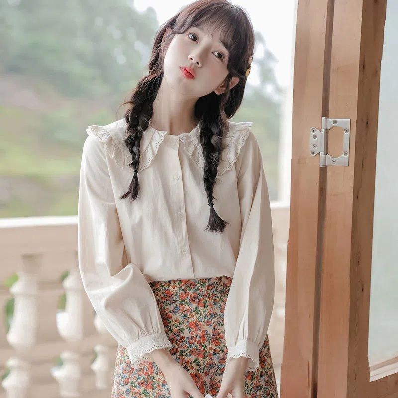 เสื้อเชิ้ตแขนยาว คอตุ๊กตา ทรงหลวม สไตล์ญี่ปุ่น สําหรับผู้หญิง และนักเรียน 2023