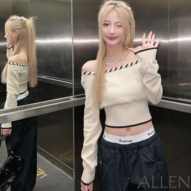 Allen-เสื้อครอปถักเปิดไหล่สําหรับผู้หญิงสีตัดกันคอเรือแขนยาวโชว์เสื้อถักสะดือ