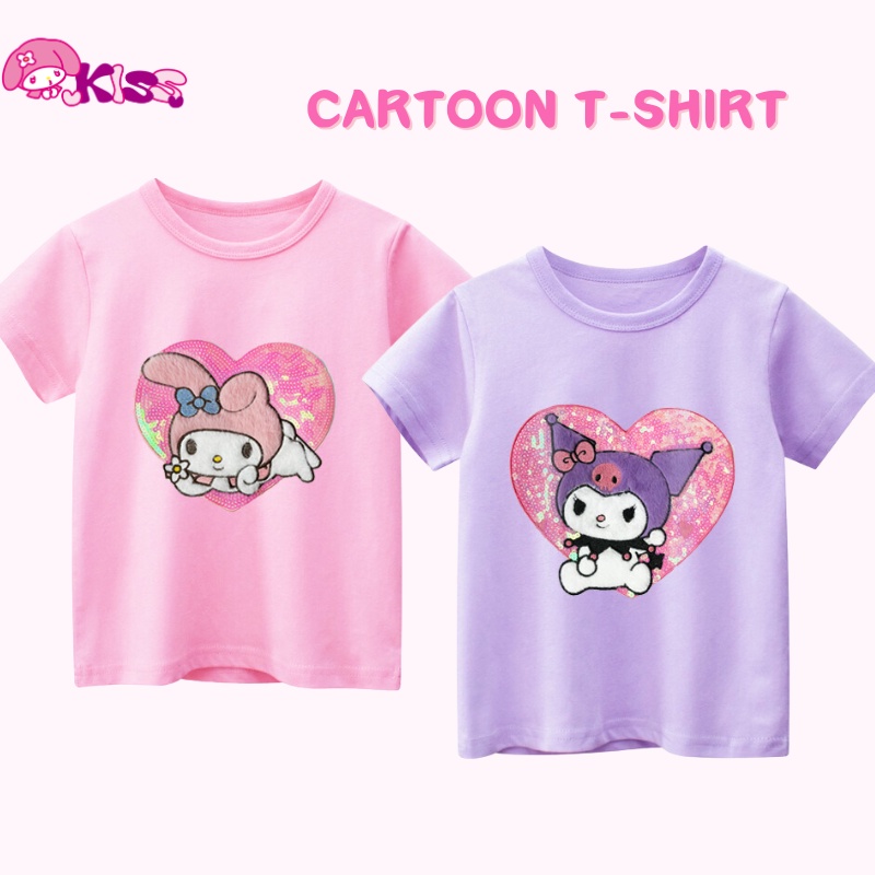 เสื้อยืด ผ้าฝ้าย ปักเลื่อม ลาย Love Kuromi Melody น่ารัก ใส่สบาย แฟชั่น สําหรับเด็กผู้หญิง