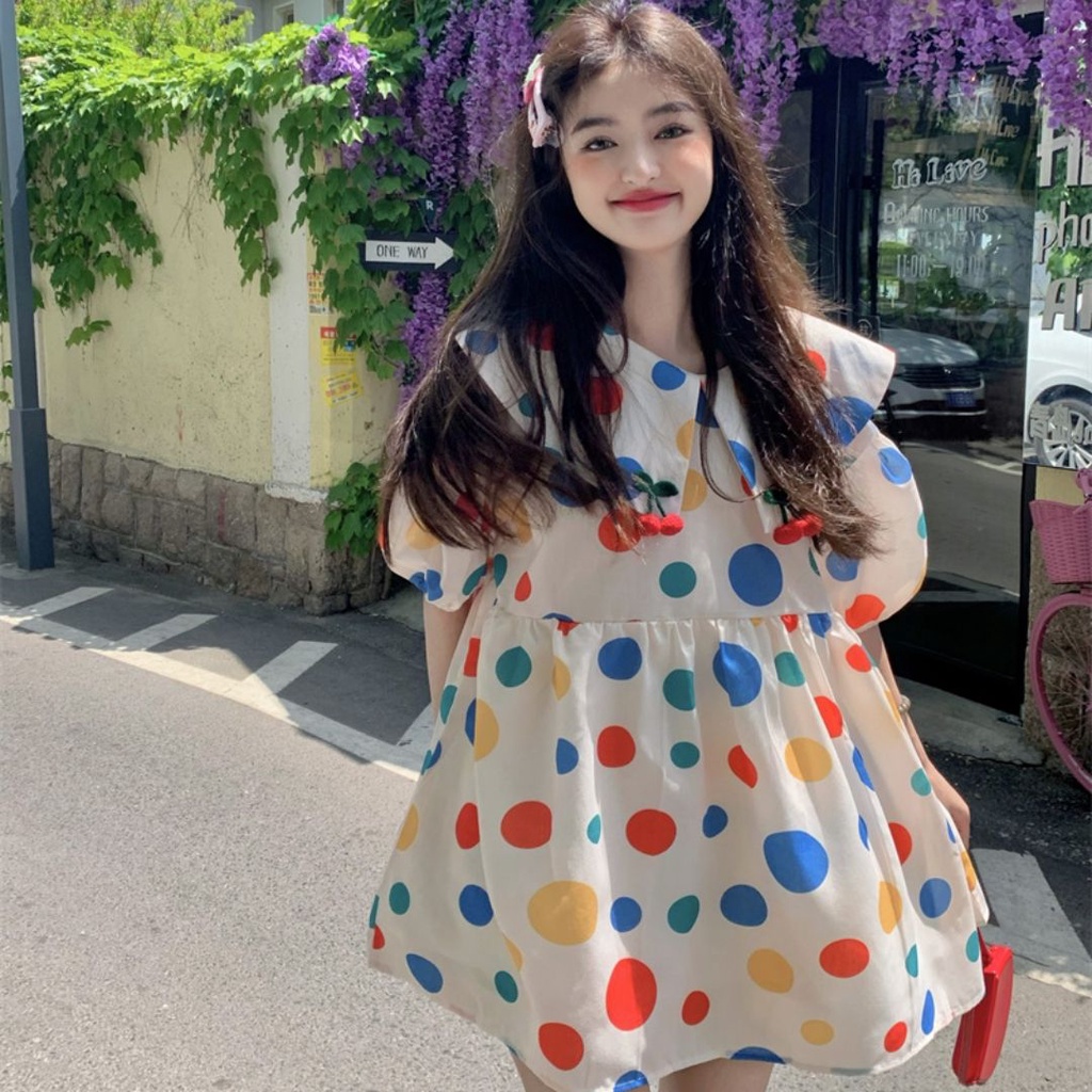 ฤดูร้อนใหม่ ลายจุด คอตุ๊กตา สาวหวาน ขนาดเล็ก สไตล์วิทยาลัย หลวม พอดี สไตล์ป่า กระโปรงทรงเอ