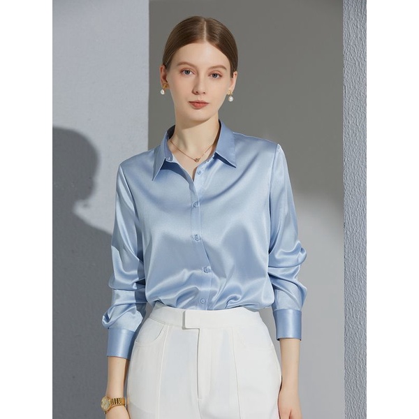 Iceyyijingsa เสื้อเบลาส์ แขนยาว ผ้าซาติน สีพื้น ติดกระดุม ทํางาน สํานักงาน ผ้าไหม ท้องฟ้า สีฟ้า สําหรับผู้หญิง