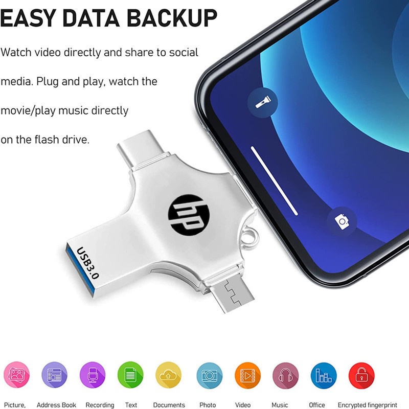 Hp แฟลชไดรฟ์ 2TB 4 IN 1 OTG ความเร็วสูง USB3.0 ดิสก์ U ที่เก็บข้อมูลโทรศัพท์ เมมโมรี่สติ๊ก กันน้ํา สําหรับโทรศัพท์ แท็บเล็ต Android PC