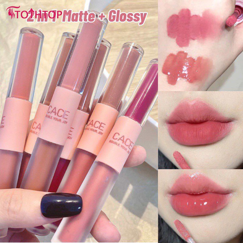 Cace Double Head Lip Gloss ลิปสติก / Fog Matte & Bright Moisturizing Lip Glaze / Long Lasting & Waterproof Non-stick Cup Lip Tint / Moisturizing Lip Glaze / Lip Makeup Cosmetic [TOP]