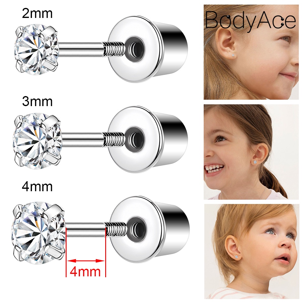 Bodyace ต่างหูสตั๊ด สเตนเลส คริสตัล ยาว 4 มม. 20 กรัม ป้องกันอาการแพ้ สําหรับเด็ก 1 ชิ้น