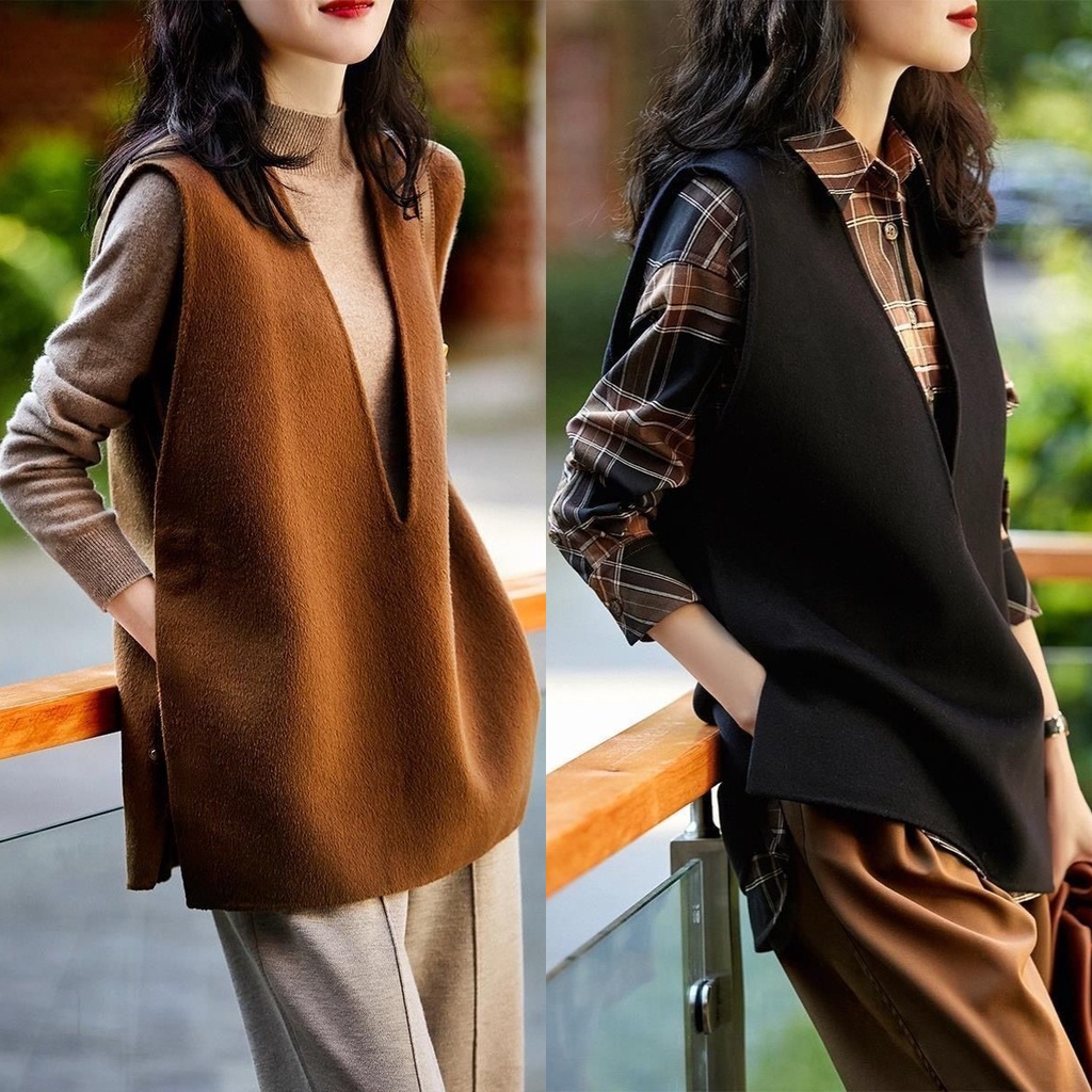 เสื้อกล้าม คอวีลึก ผ่าข้าง ทรงหลวม สีพื้น แฟชั่นสําหรับผู้หญิง