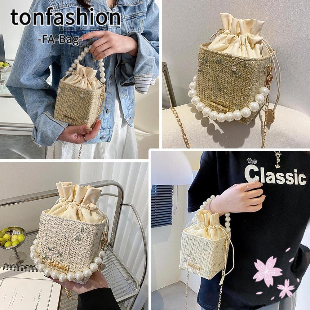 Tonfashion กระเป๋าสะพายไหล่แฟชั่น ฟางโซ่ ทรงบักเก็ต