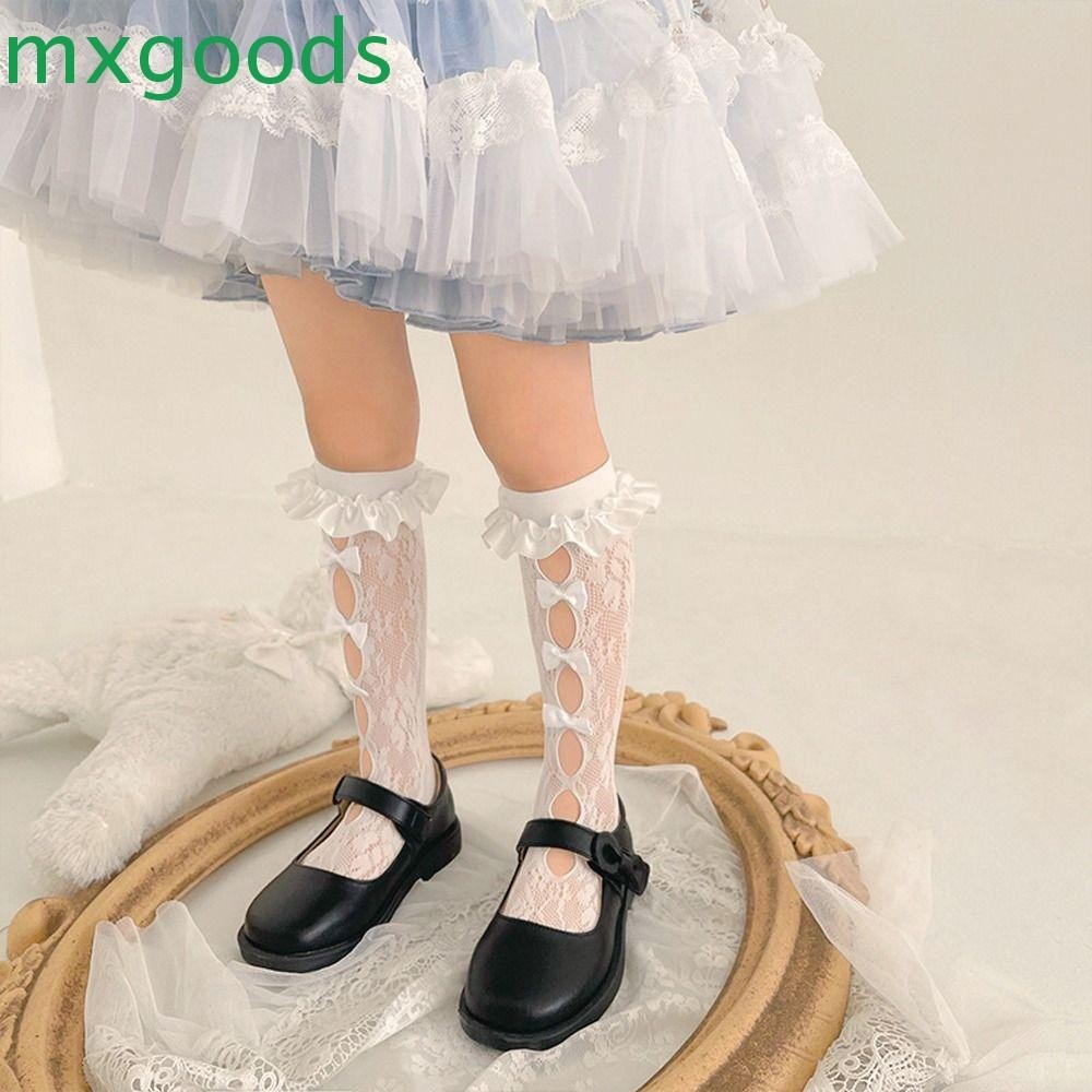 Mxgoods ถุงเท้ายาว ถุงน่องขายาว ผ้าฝ้าย ลายลูกไม้ โบว์ ดาว น่ารัก ใส่สบาย สําหรับเด็กผู้หญิง