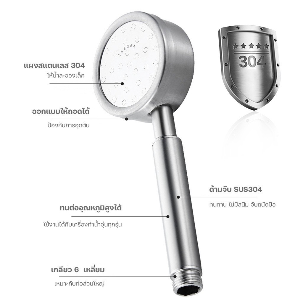 ฝักบัวอาบน้ำ ฝักบัวแรงดันสูง สแตนเลส 304 แท้ไม่มีสนิม พร้อมสายฝักบัวสแตนเลส น้ำแรงและนุ่ม ประหยัดน้ำ - รูปที่ 2