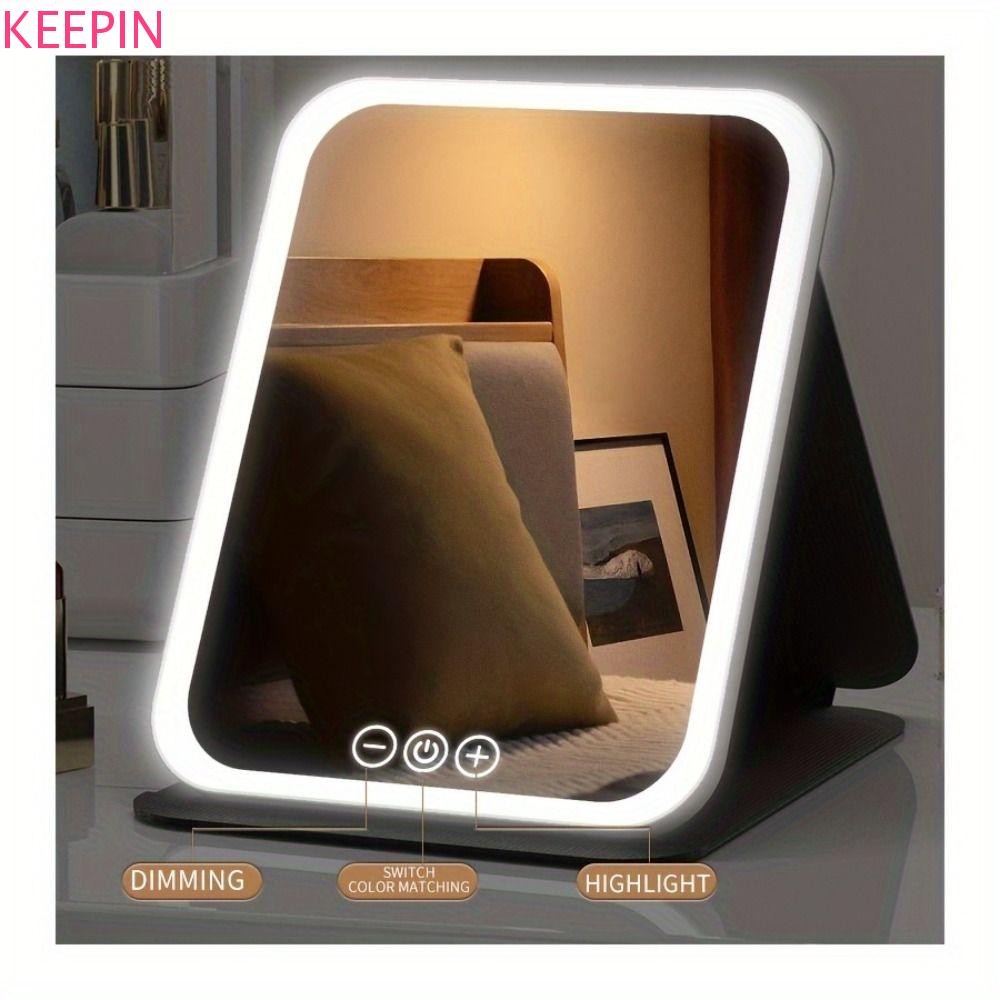 Keepin Travel กระจกแต่งหน้า,พับ 3 โหมดแสงสี LED กระจกตั้งโต๊ะ,USB ชาร์จ PU หนังหรี่แสงได้แบบพกพาหน้าจอสัมผัสกระจกโต๊ะเครื่องแป้ง Lady ของขวัญ