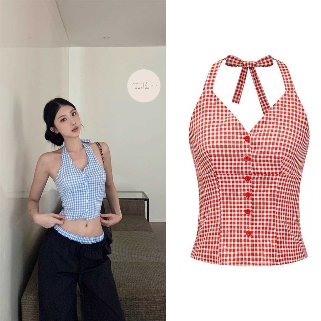 เสื้อสายเดี่ยวแขนกุดคอผูก ลายตาราง และกางเกงขาสั้นเอวสูง