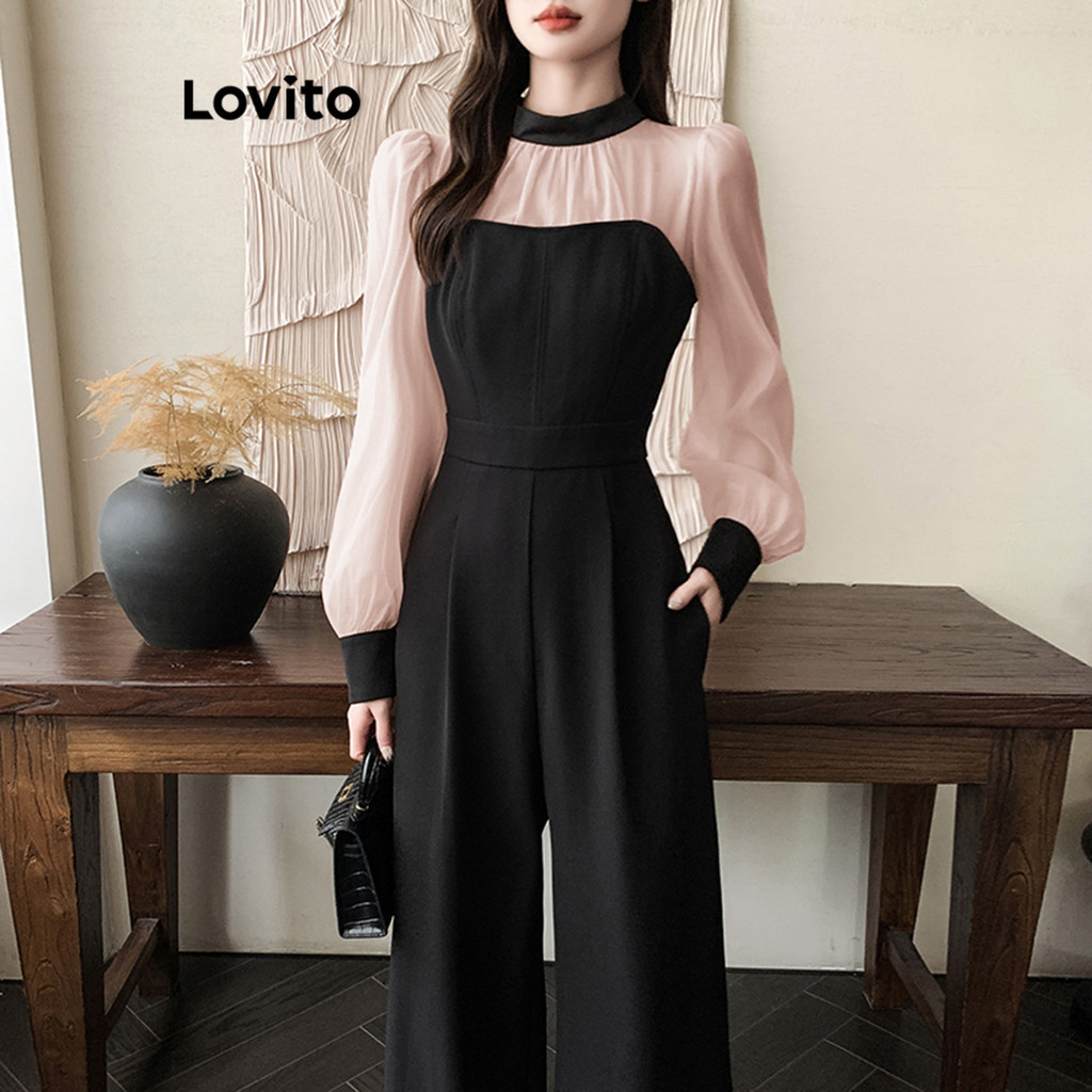 Lovito จั๊มสูทผู้หญิง ผ้าเย็บต่อ สีพื้น สไตล์หรูหรา LNE68400