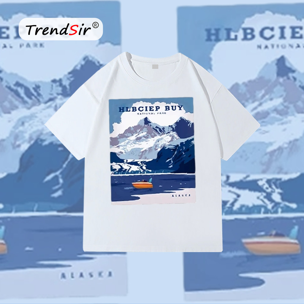 TrendSir พร้อมส่ง เสื้อยืดตัวใหญ่ เสื้อยืด สไตล์เกาหลี ลายภูเขาหิมะวาดด้วยดินสอสี 100%cotton 11สี M-3XL