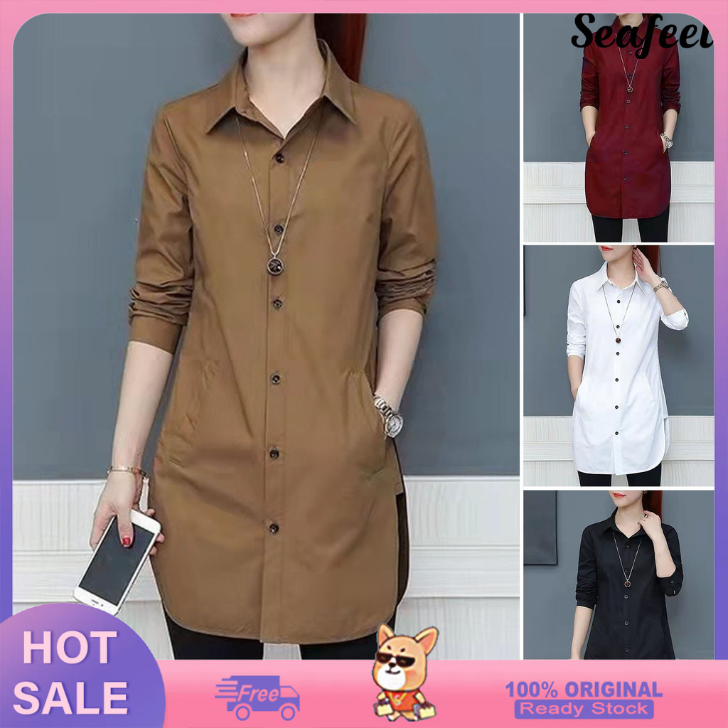 [COD]✿ผู้หญิงเสื้อสีทึบแขนยาวกระดุมแถวเดียวเปิดลงปกหลวม สตรีทแวร์ ฤดูใบไม้ผลิฤดูร้อน เฒ่า พื้นฐานเสื้อเสื้อ