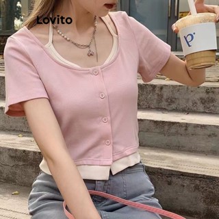 Lovito 2in1 เสื้อยืดลําลอง ติดกระดุมด้านหน้า สําหรับผู้หญิง LNA21008 (สีชมพู)