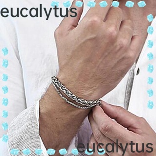 Eucalytus1 สร้อยข้อมือสเตนเลสถัก ไทเทเนียม ทรงเรขาคณิต 2 ชั้น สําหรับผู้ชาย