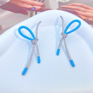 0905YWJB Elegant Sparkling Ribbon Blue Bow Stud Earrings Original Design Exquisite and Versatile Enamel Silver Pin Earrings IBXX