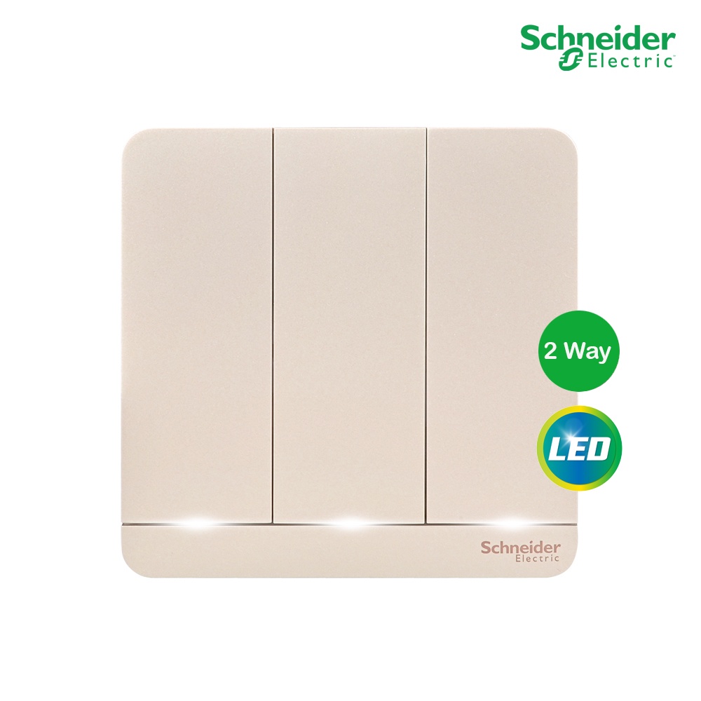 Schneider Electric สวิตช์ไฟสองทาง 3 ช่อง มีไฟ LED 3 switches, 16AX, 250V, 2way, สีทอง AvatarOn E