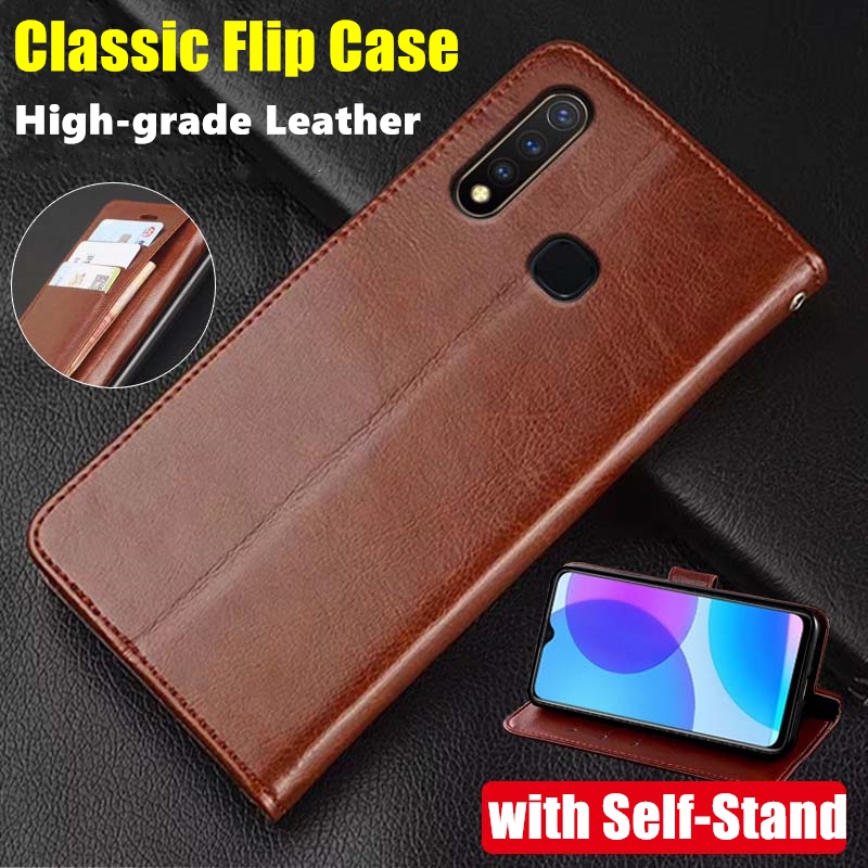 เคสหนังวัวแท้ ฝาพับ พร้อมช่องใส่บัตร ขาตั้ง สไตล์วินเทจ สําหรับ Vivo Y19 1915
