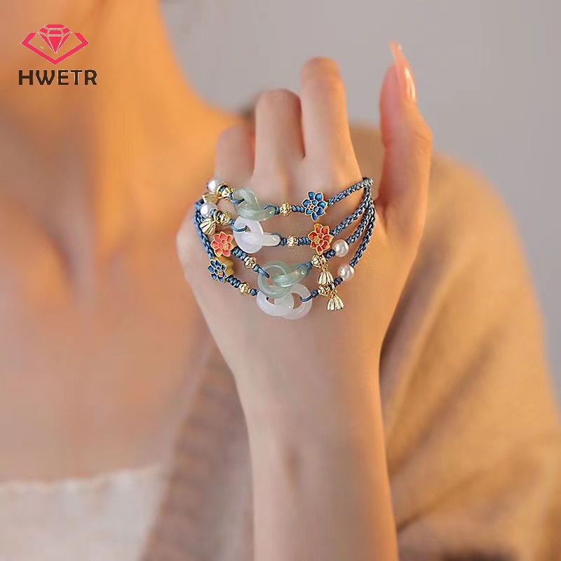 Hwetr สร้อยข้อมือถัก ประดับมุก หยก ดอกบัว สไตล์ชนเผ่า ปรับได้ เครื่องประดับแฟชั่น สําหรับผู้หญิง