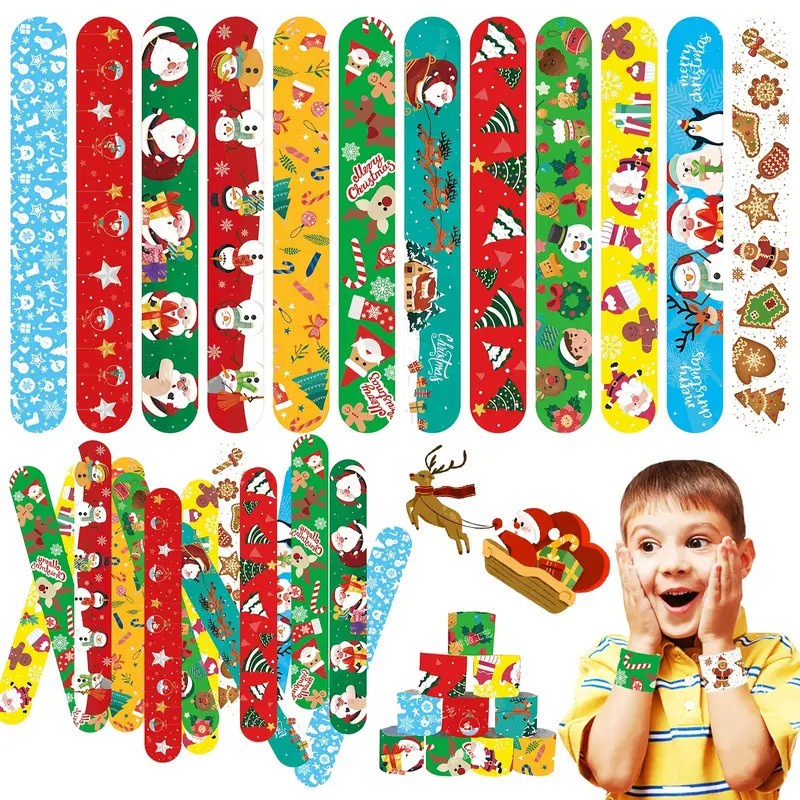 12pcs คริสต์มาส Clap วงกลมสร้อยข้อมือ Santa Claus สายรัดข้อมือเกล็ดหิมะ Elk Snowman Merry Christma ตกแต่งของขวัญสวัสดีปีใหม่ 2025 โปรดปราน