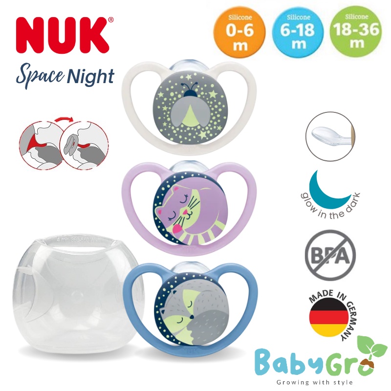 Nuk Space Night Glow In Dark Silicone Soother พร้อมฝาปิด 1 (0-6m/6-18m/18-36m)