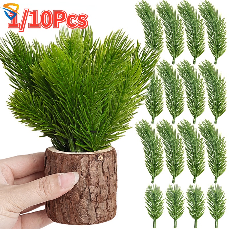 กิ่งไม้สนประดิษฐ์ ใบไม้ปลอม สีเขียว สําหรับตกแต่งต้นคริสต์มาส บ้าน สวน DIY 1 10 ชิ้น