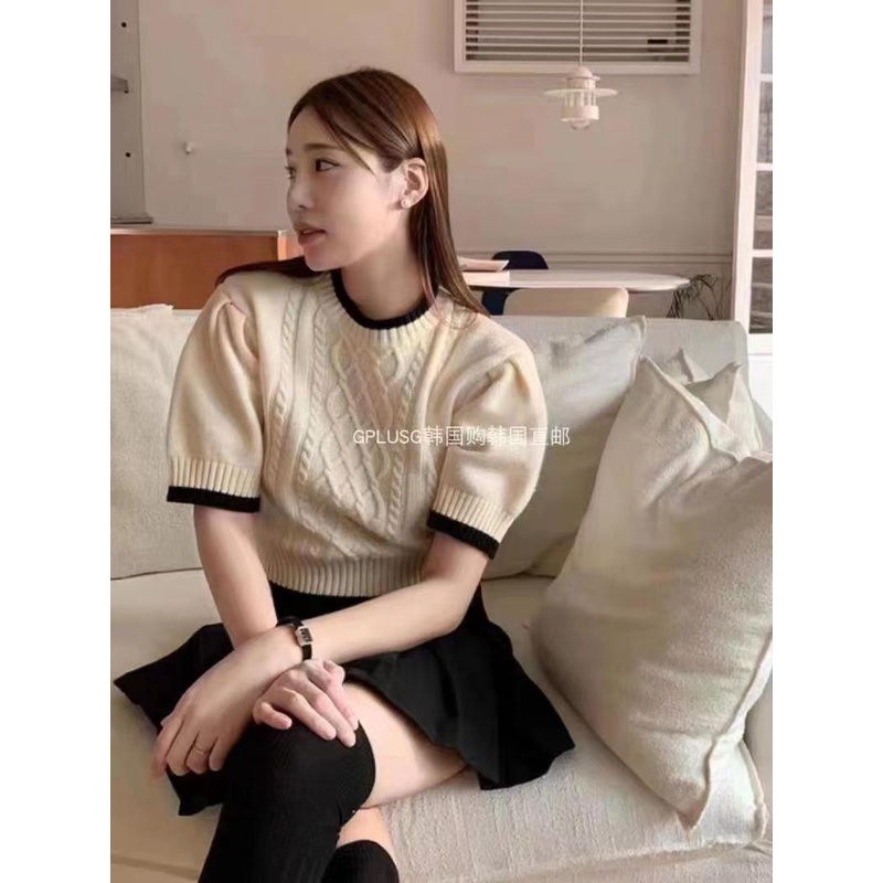Round Neck Crop Top Knitted Fabric, Contrasting Color Vintage French for Women