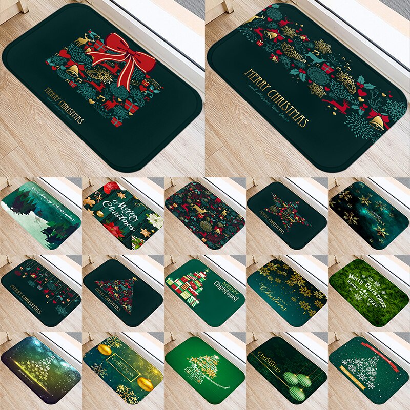 พรมเช็ดเท้า พรมกํามะหยี่ กันลื่น ลายกระดิ่งคริสต์มาส สีเขียว 40 * 60 48