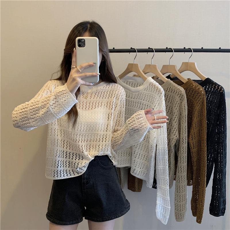 littlebee.shop.เสื้อถักไหมพรมแขนสั้น คอกลม ผ้าถักทอ ปักลายตาข่าย สวมใส่สบาย ไม่ร้อน (190)