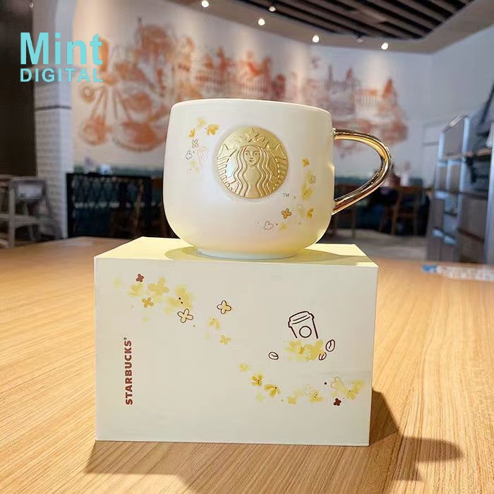 Starbucks แก้วมักเซรามิก ลาย Starbucks สีเหลือง สีมาการอง