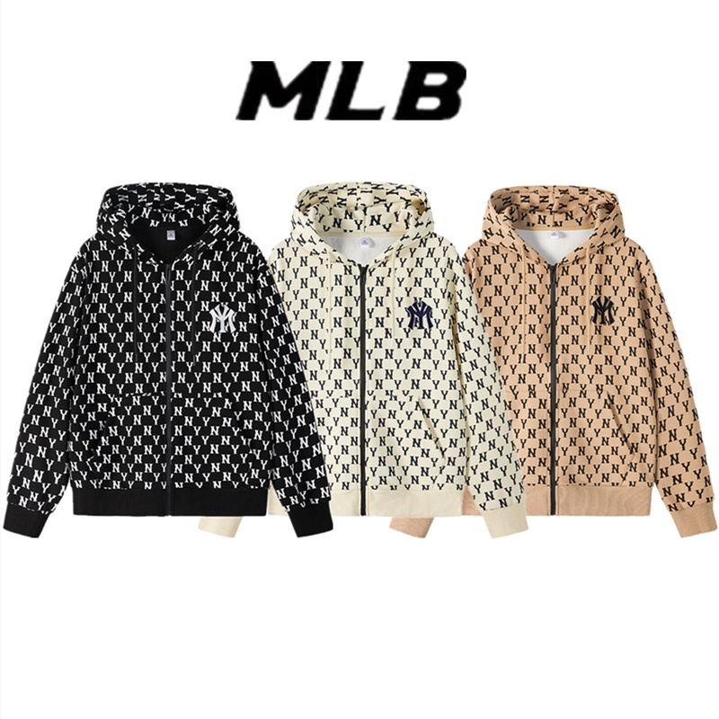 เสื้อกันหนาว มีฮู้ด ผ้าฝ้าย ปักลายโลโก้ MLB NY ของแท้ แบบเต็มตัว สไตล์สปอร์ต สําหรับคู่รัก