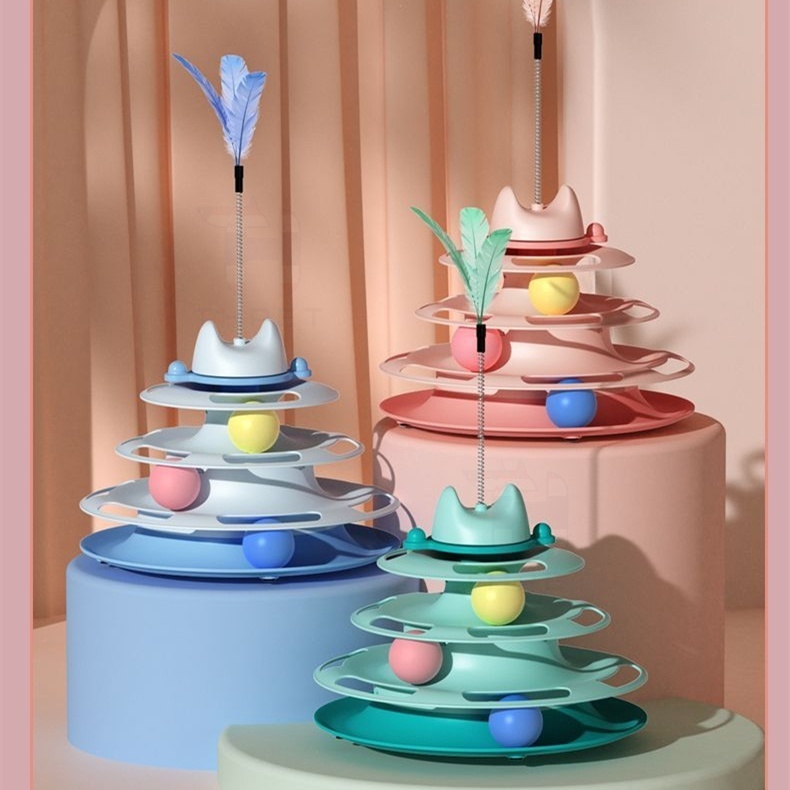 THPET ของเล่นสำหรับสัตว์เลี้ยง รางบอลแมว 4ชั้น มีไม้ตกแมว รางบอลแมว Cat toy ของเล่นแมว