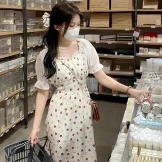 เดรสยาวแฟชั่นเกาหลี เเขนตุ๊กตา พิมพ์ลายดอกไม้น่ารักๆ