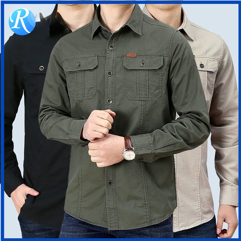 เสื้อเชิ้ตลําลอง คอสี่เหลี่ยม แต่งกระดุม ทรงหลวม มีหลายกระเป๋า สีพื้น แฟชั่นฤดูใบไม้ผลิ และฤดูใบไม้ร่วง สําหรับผู้ชาย