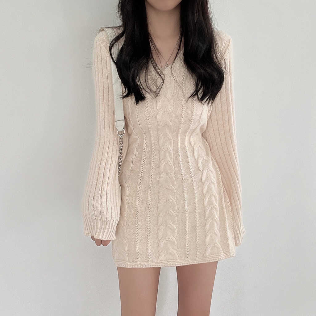 Suxi ชุดเดรสถัก แขนยาว คอวี ทรงสลิมฟิต สไตล์เกาหลี เรโทร ฤดูใบไม้ร่วง/ฤดูหนาว สําหรับผู้หญิง