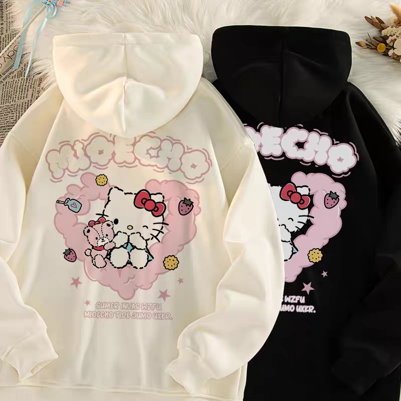 ฤดูใบไม้ผลิและฤดูใบไม้ร่วงการ์ตูนญี่ปุ่นหวานคิตตี้แมวพิมพ์คลุมด้วยผ้าเสื้อกันหนาวผู้หญิงแขนยาวแคชเมียร์อเนกประสงค์ หมวก