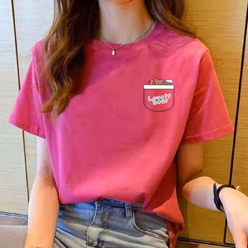 เสื้อยืดคอกลม แขนสั้น ทรงหลวม สีแดง แฟชั่นสําหรับผู้หญิง