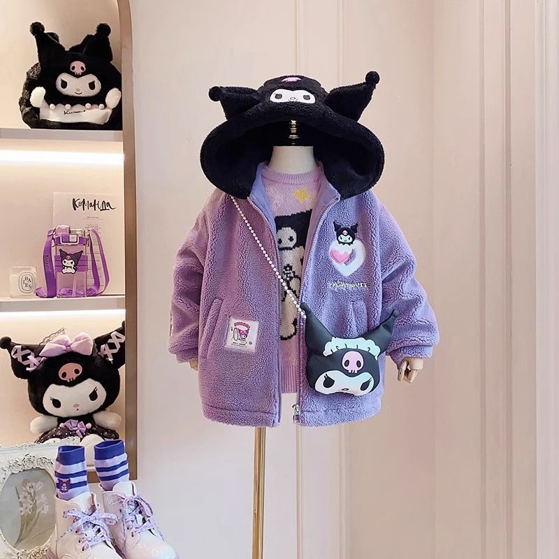 [X-KID] เสื้อแจ็กเก็ตกันหนาว ผ้าฟลีซ แบบหนา มีฮู้ด ลายการ์ตูนคุโรมิ สําหรับเด็กผู้หญิง