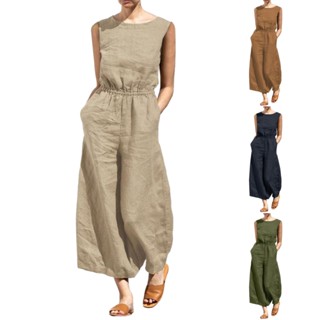 ฤดูร้อนผู้หญิงโดยรวมJumpsuitผ้าฝ้ายผ้าลินินบางกางเกงขากว้างJ…