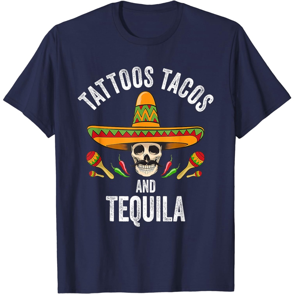 เสื้อยืดผ้าฝ้ายผู้ชาย Tattoos Tacos Tequila เสื้อเม็กซิกัน Skull Cinco De Mayo เสื้อยืด 4XL , 5XL , 