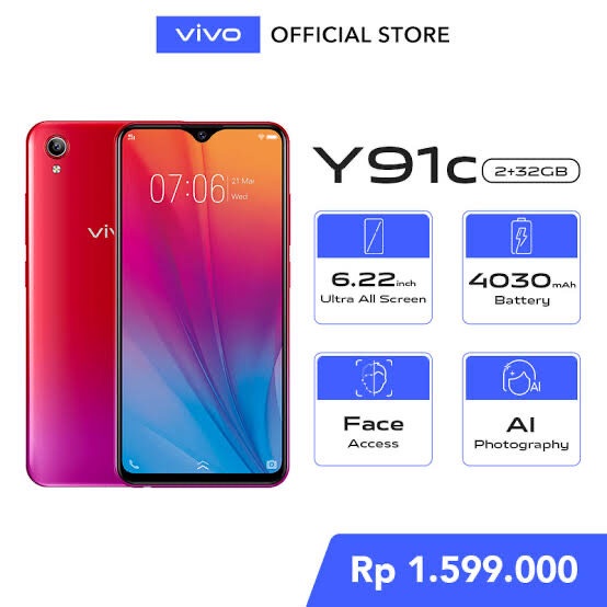 [พร้อมส่ง] มือถือ สมาร์ทโฟน Vivo Y91c RAM2GB ROM32GB จอใหญ่ แถมเคสใส+ฟิล์ม