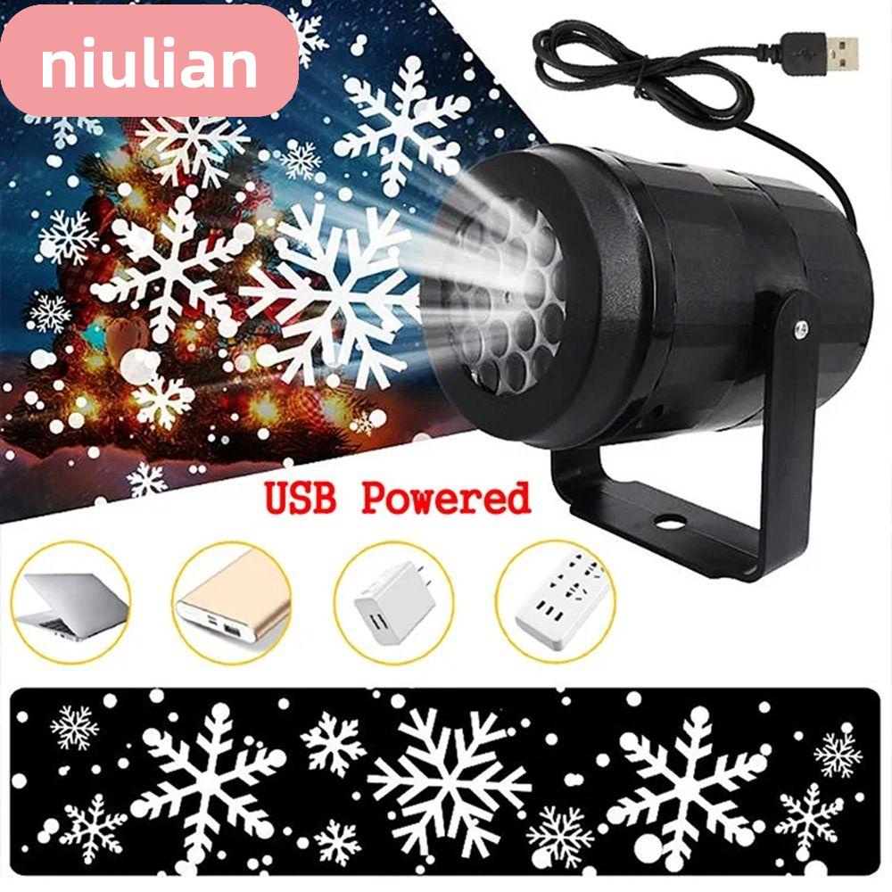 Niulian โคมไฟโปรเจคเตอร์ LED รูปเกล็ดหิมะ หมุนได้ ชาร์จ USB สีขาว สําหรับตกแต่งปาร์ตี้คริสต์มาส