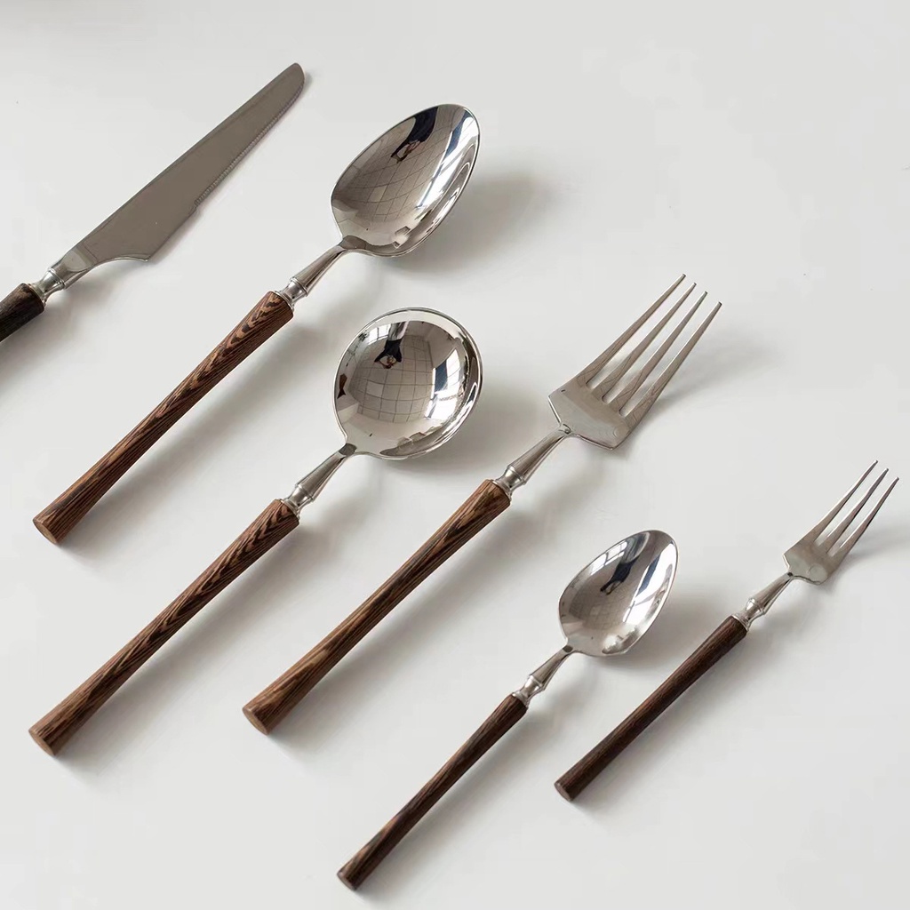 HERA ชุดช้อนส้อม มีดสเต็ก ช้อนกาแฟ ด้ามจับไม้ สเตนเลส Wooden Handle Cutlery Set