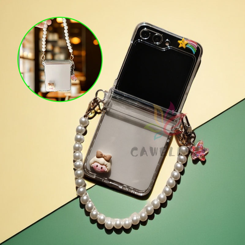 เคสโทรศัพท์มือถือ PC แข็ง แบบใส กันกระแทก ปิดด้านหลัง ลายกลิตเตอร์ ดาว พร้อมสายคล้องข้อมือ ประดับมุก สําหรับ Samsung Galaxy Z Flip 5 Z Flip 4 Z Flip 3 Flip5