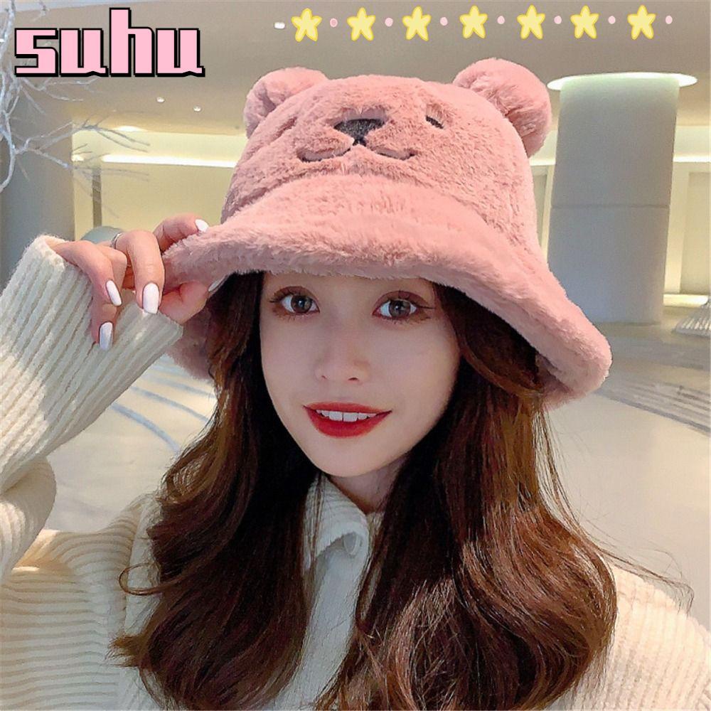 Suhuhd หมวกบักเก็ต ประดับขนเฟอร์ แฟชั่นฤดูใบไม้ร่วง ฤดูหนาว อบอุ่น