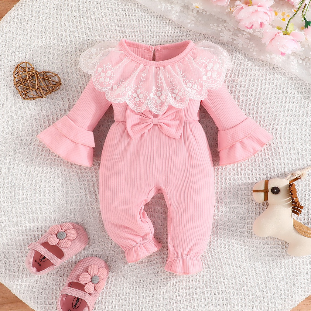 ชุดบอดี้สูทสำหรับเด็กแรกเกิด แขนยาว แต่งกระดุม แต่งลูกไม้น่ารัก 0-18 เดือน เสื้อผ้าเกิดสําหรับเด็กทารกผู้หญิง