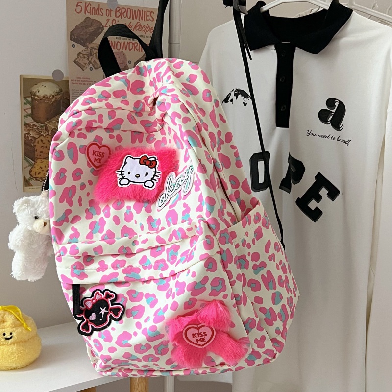ของแท้ Y2K Millennium Cute KTM กระเป๋าเป้สะพายหลังลําลอง มีซิป พิมพ์ลายเสือดาว สีชมพู สําหรับนักเรียน