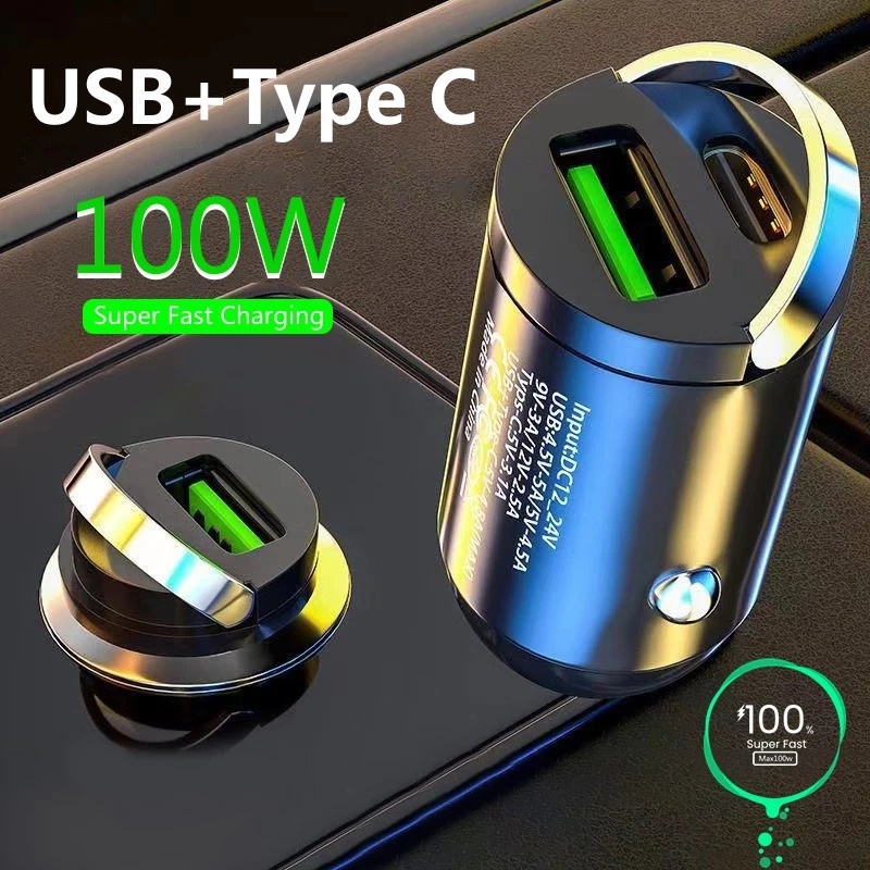 แหวนดึง 100W คู่ USB รถชาร์จไฟแช็กชาร์จเร็ว QC 3.0 อะแดปเตอร์ชาร์จโทรศัพท์ในรถ สําหรับ Huawei Samsung